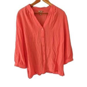White Stag Tunic Salmon Pink Crinkle Tunic 3/4 Sleeve XXL Spring Button Top‎